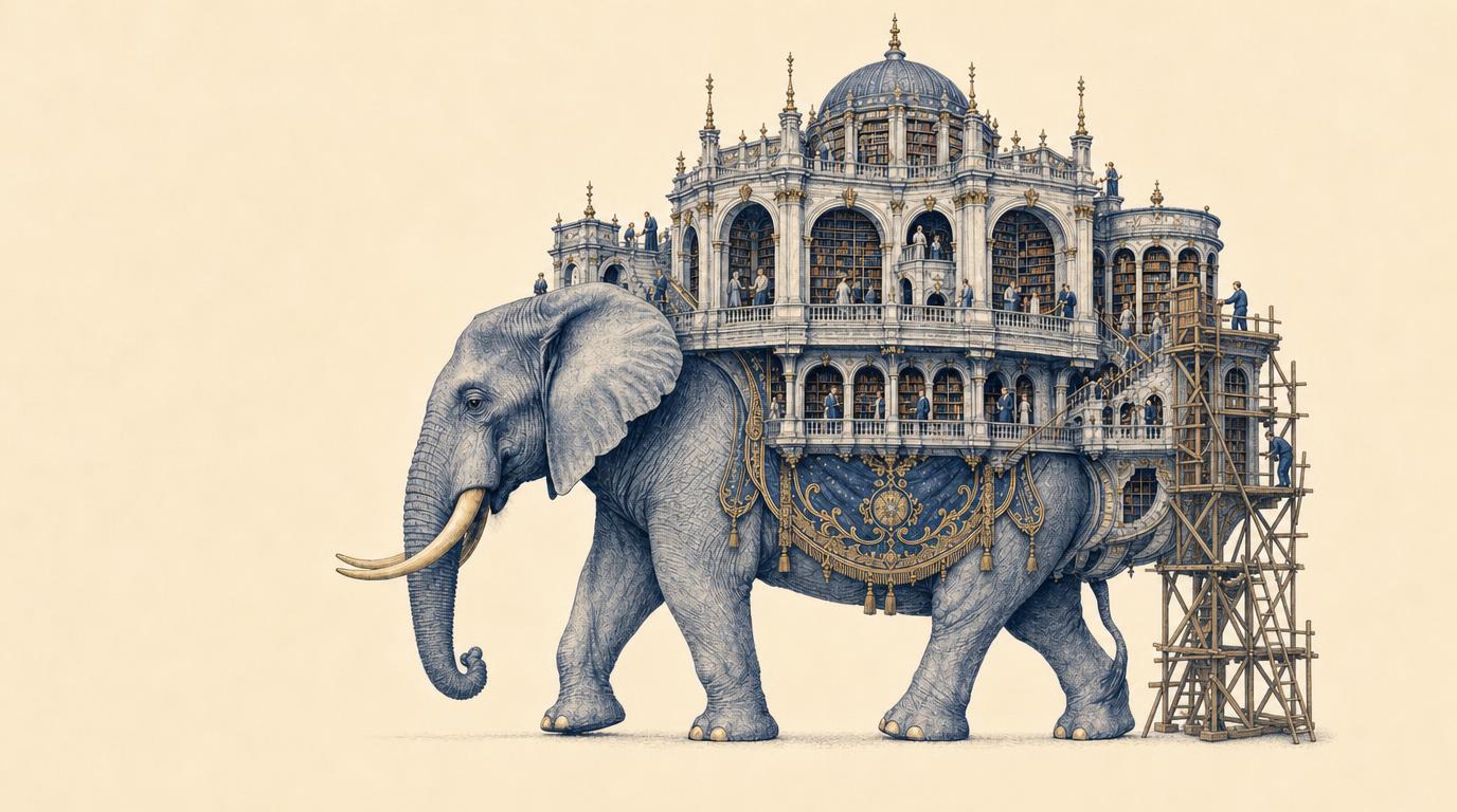 The same PostgreSQL elephant and library, with scaffolding and repair workers added to the right wing